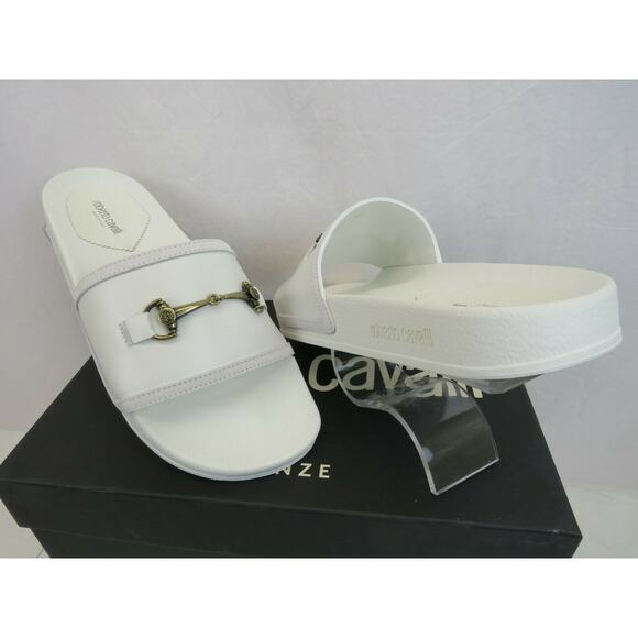 ROBERTO CAVALLI WHITE LEATHER SUEDE ANTIQUE SILVER LOGO SANDAL SLIDES 42/9 ITALY main image 9